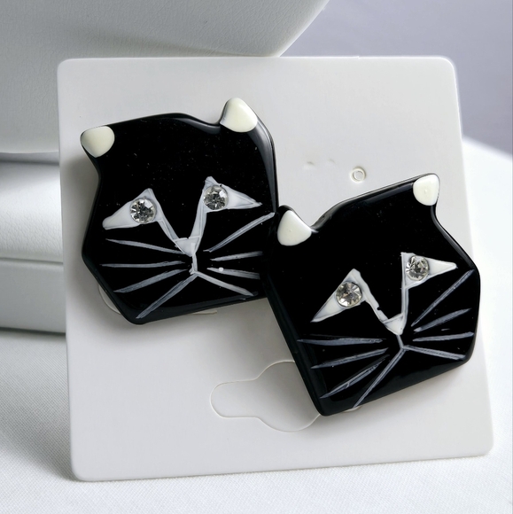 Black Cat Earrings With Rhinestone Cat Eyes Stud Earrings - Picture 5 of 17